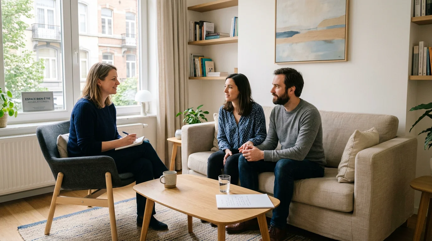 Un couple en séance de conseil conjugal face à une conseillère dans un cabinet lumineux