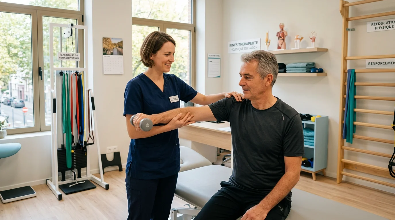 Kinésithérapeute accompagnant un patient lors d'un exercice de rééducation de l'épaule