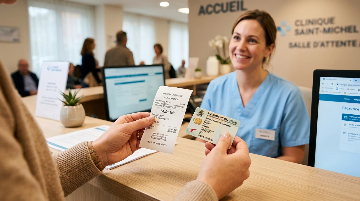 Patient réglant une séance de kinésithérapie à l'accueil d'un centre de soins