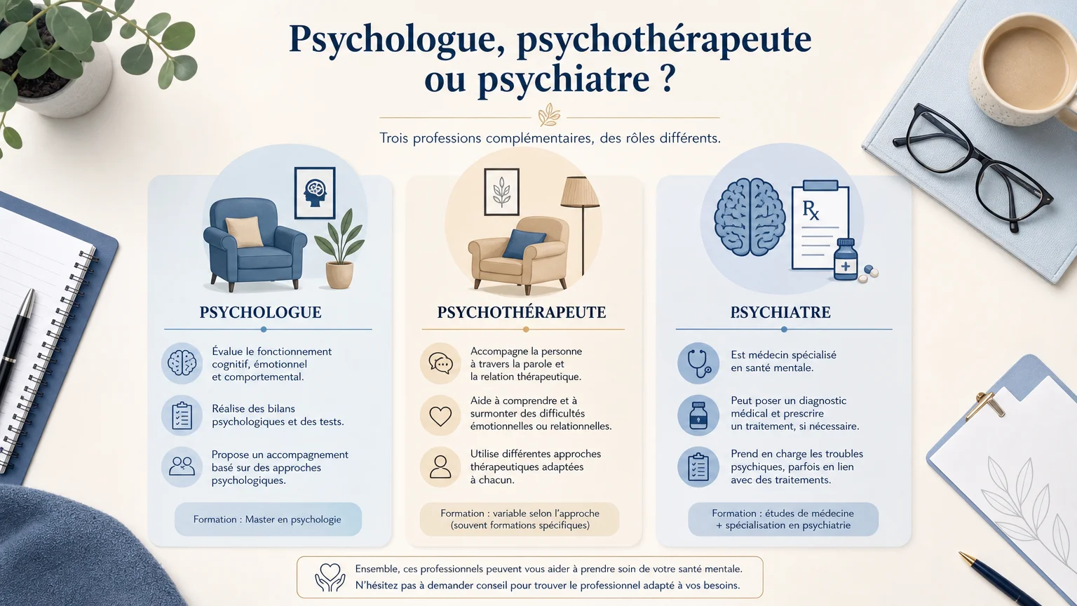 Illustration comparant psychologue, psychothérapeute et psychiatre